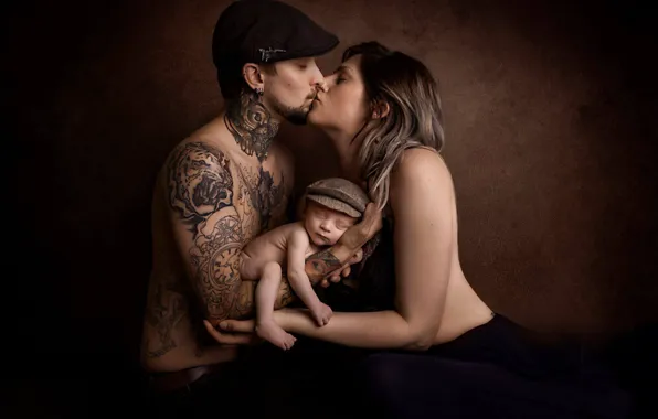 Picture girl, background, mood, kiss, boy, tattoo, cap, guy