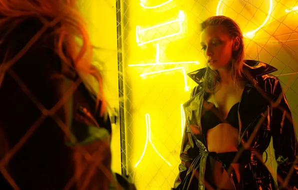 Girl, pose, neon, cloak, Alexei Trifonov, Alena Alekseeva