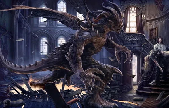 Picture the wreckage, girl, house, the victim, wings, the demon, art, ladder
