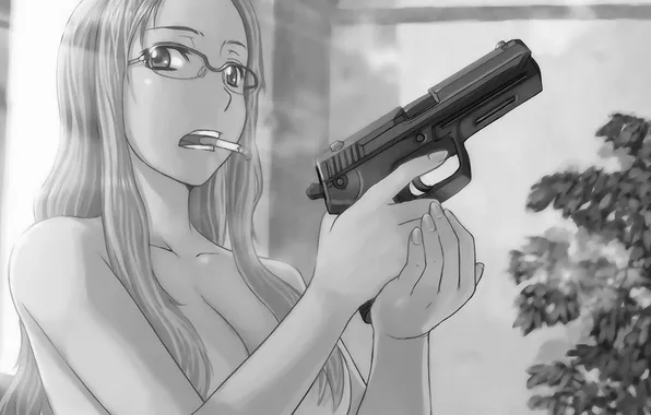 Picture chest, look, girl, weapons, smoke, glasses, cigarette, art