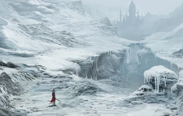 Picture winter, snow, castle, sword, art, gorge, traveler