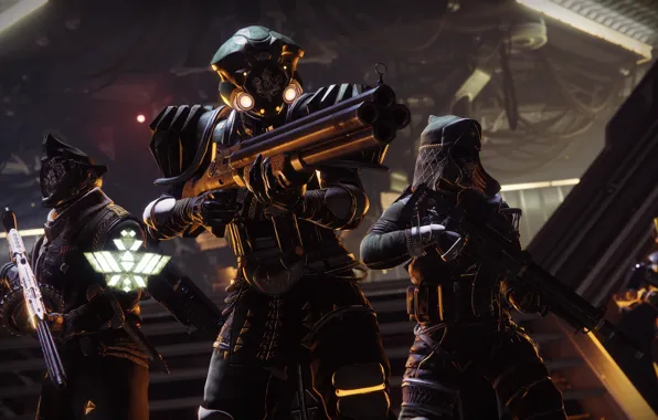 Weapons, background, soldiers, trio, equipment, hats, Destiny 2, Destiny 2: Shadowkeep