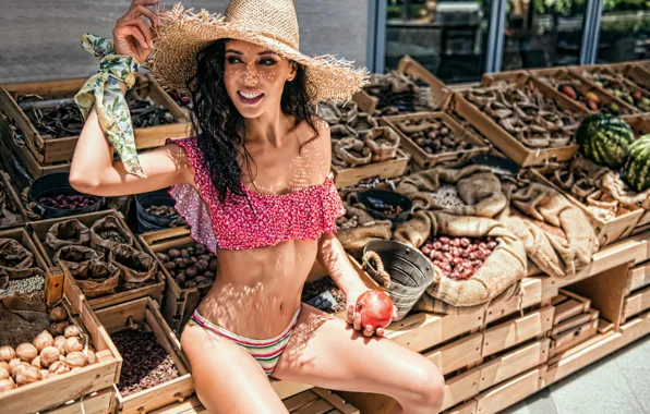 Swimsuit, the sun, sexy, pose, smile, model, hat, makeup