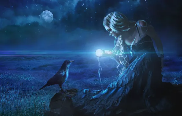 Girl, night, Raven, photoart