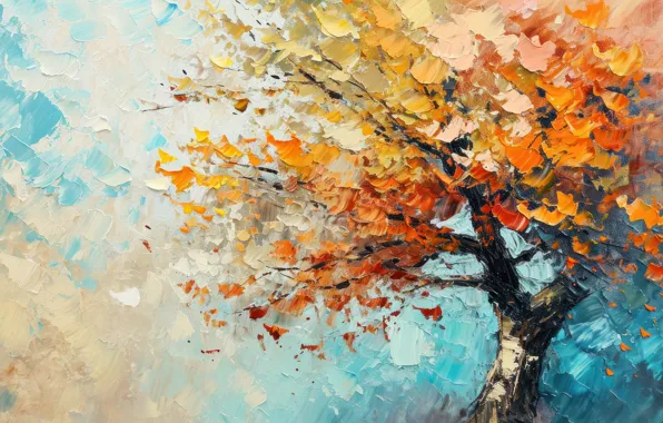 Autumn, leaves, branches, nature, tree, paint, foliage, picture