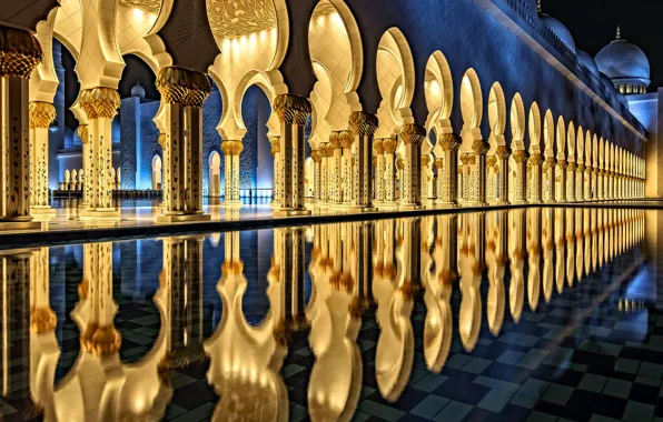 Picture reflection, pool, architecture, The Sheikh Zayed Grand mosque, Abu Dhabi