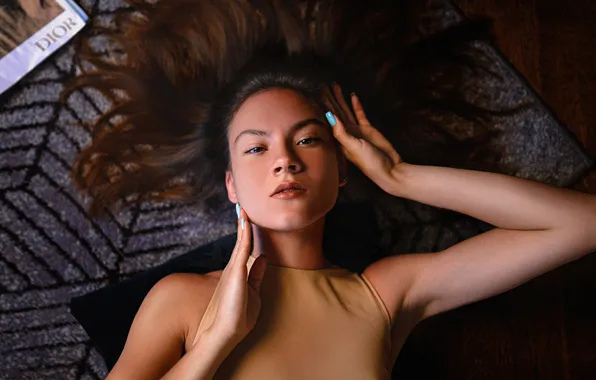 Look, girl, face, pose, hands, long hair, Mikhail Pershin