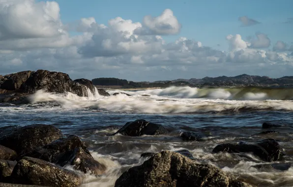 Picture sea, wave, the sky, clouds, stones, coast