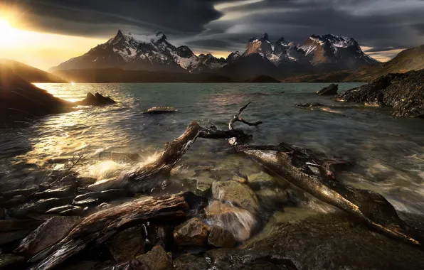 The sun, sunset, mountains, river, stones, for, the evening, snag