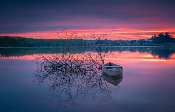 Picture sunset, lake, boat