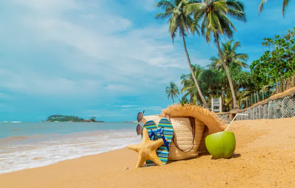 Sand, sea, wave, beach, summer, the sky, palm trees, shore