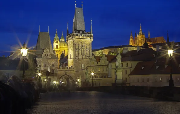 Night, lights, tower, Prague, Czech Republic, Cathedral