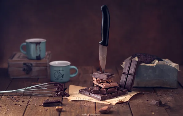 Chocolate, knife, mugs, still life, whisk