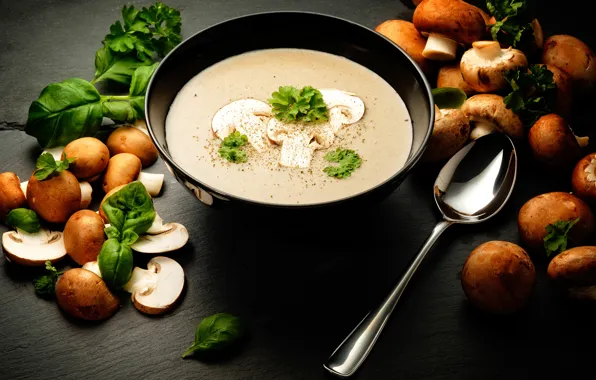 Greens, mushrooms, soup