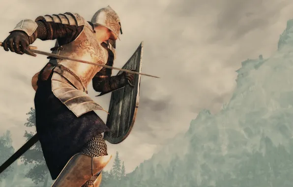 Picture rendering, background, mountain, sword, armor, warrior, helmet, shield
