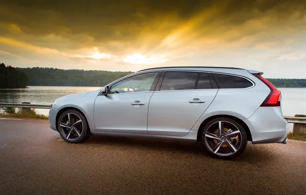 Road, sunset, lake, Volvo, V60, R-Design