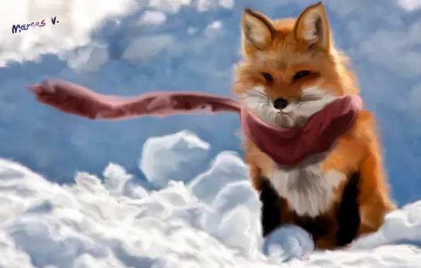 The wind, scarf, art, Fox, Fox