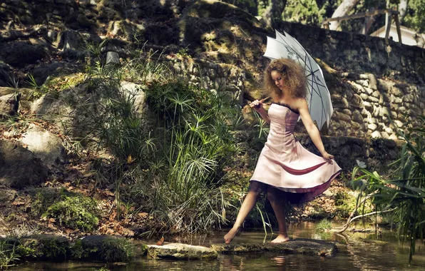 Girl, nature, umbrella