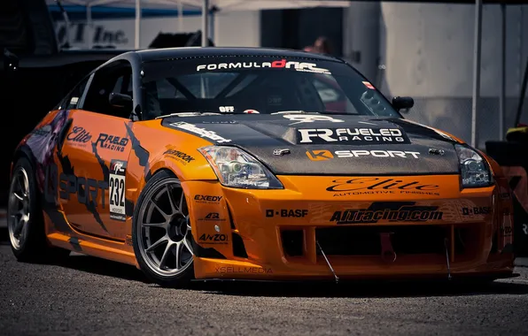 Orange, Nissan, 350z, orange, stickers, carbon fiber hood, label, decal