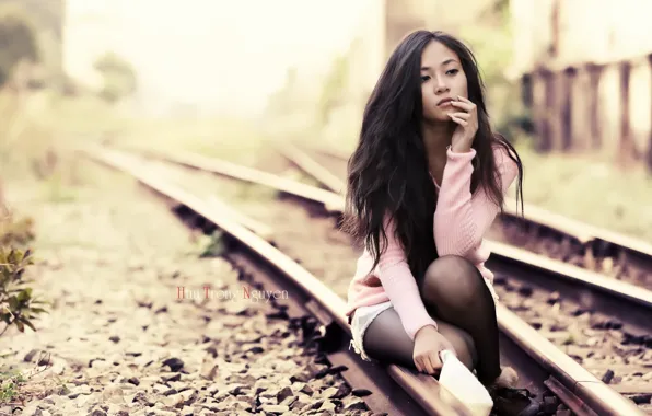 Girl, pose, railroad