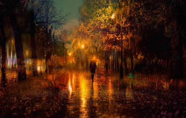 Picture autumn, girl, the city, lights, umbrella, rain, the evening, Saint Petersburg