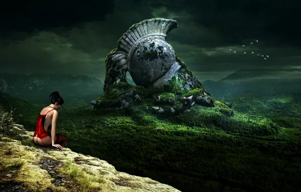 Fantasy, forest, landscape, mountains, Asian girl, fantasy girl