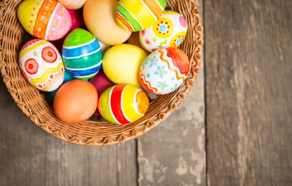 Basket, colorful, Easter, wood, spring, Easter, eggs, holiday