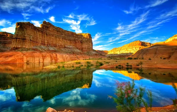 The sky, mountains, lake, reflection, rocks