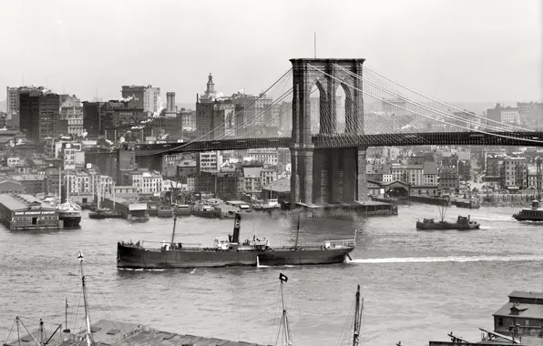 Bridge, retro, river, ship, New York, panorama, USA, 1908-the year