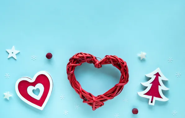 Winter, snowflakes, holiday, red, heart, Christmas, hearts, New year