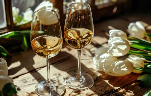 Light, flowers, holiday, wine, bouquet, glasses, tulips, champagne