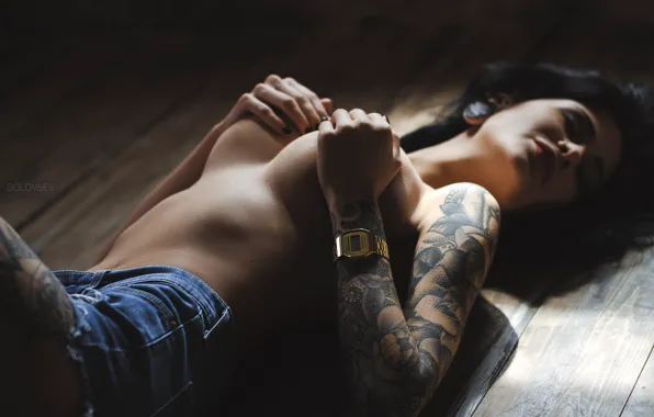 Chest, girl, shorts, hands, tattoo, on the floor, SOLOVЬEV