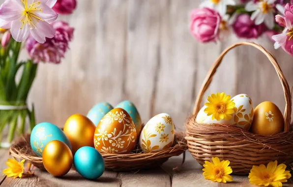 Flowers, eggs, spring, colorful, Easter, flowers, spring, Easter