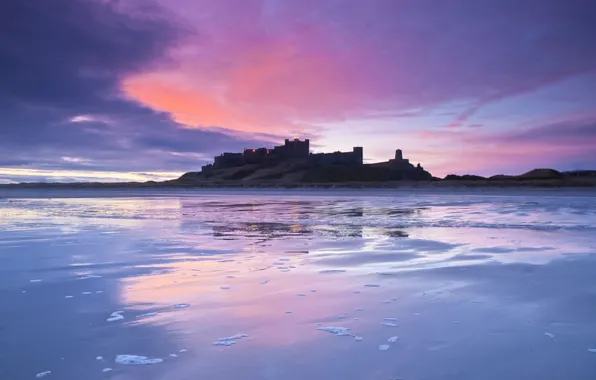 Sea, the sky, clouds, sunset, clouds, castle, blue, shore