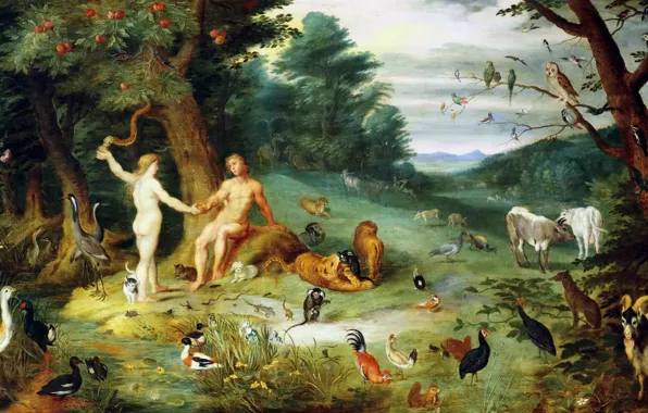 Paradise, picture, mythology, Jan Brueghel the younger, The Temptation Of Adam