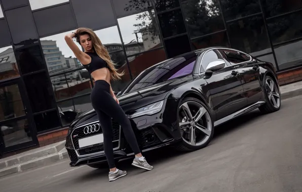 Girl, pose, reflection, the building, figure, hairstyle, t-shirt, car