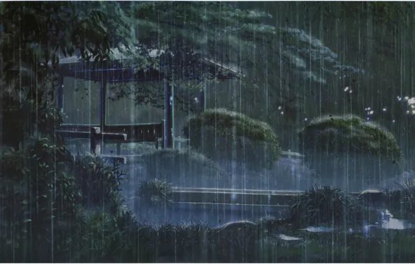 Bench, Park, rain, the evening, gazebo, the shower, Kotonoha no Niwa, Garden of fine words