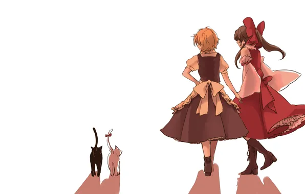 Shadow, boots, white background, bow, back, art, friend, Hakurei Reimu