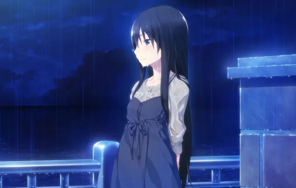 Sadness, sea, girl, night, emotions, rain, tears, railings