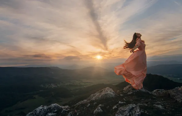 The sky, girl, landscape, nature, romance, dal, dress, long hair