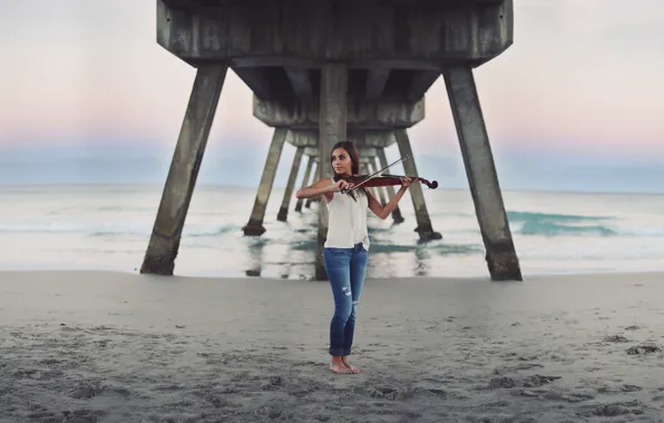 Sea, girl, bridge, music, violin