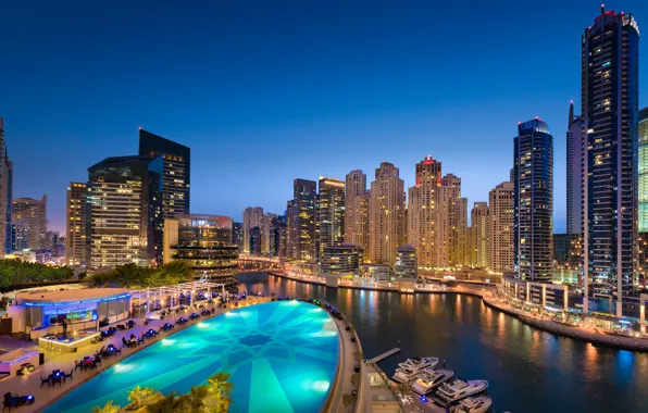 Night, the city, lights, view, building, skyscrapers, the evening, channel