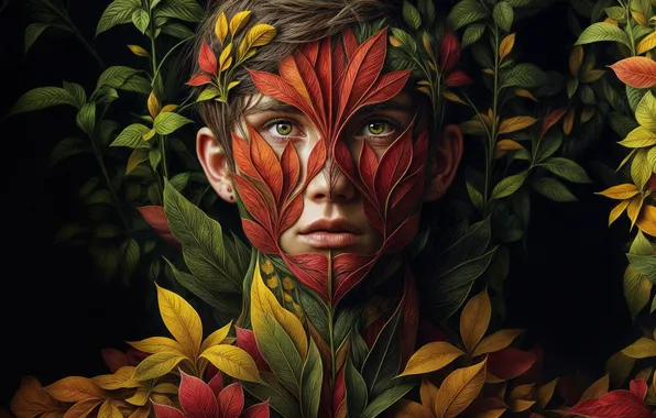 Autumn, look, leaves, face, style, the dark background, fiction, foliage