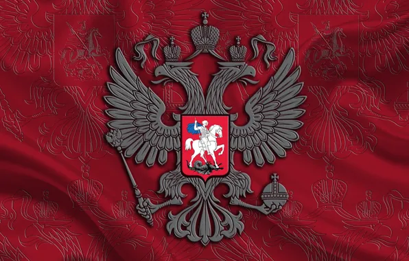 Picture Coat of arms, Russia, Double-headed eagle, Red background, St. George, Russian Federation