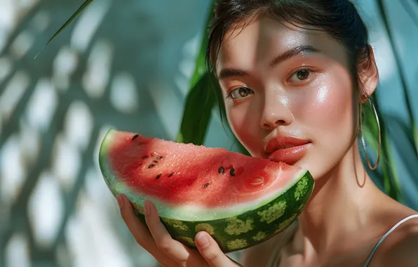 Summer, leaves, girl, light, heat, portrait, earrings, watermelon