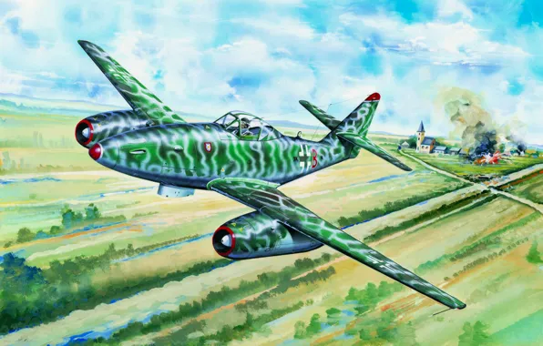 Picture war, art, painting, aviation, jet, ww2, Messerschmitt Me 262