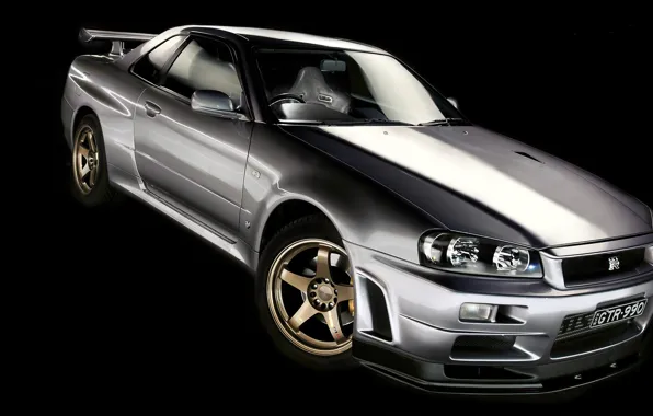 Picture silver, Nissan, GT-R, black background, Nissan, Skyline, R34, skyline