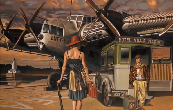Picture machine, the plane, umbrella, woman, figure, back, hat, male