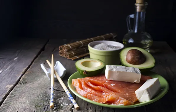 Fish, cheese, figure, avocado, salmon