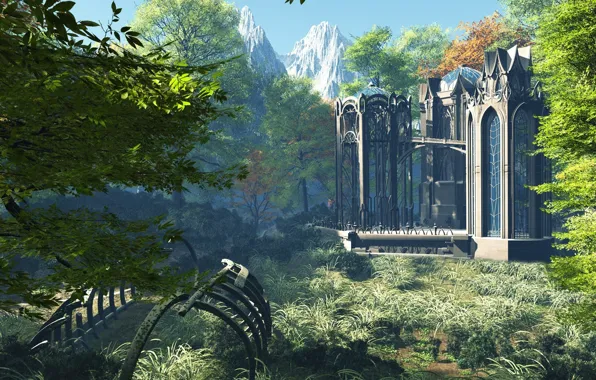 Forest, the sky, grass, mountains, the skeleton, skeleton, tower, Palace